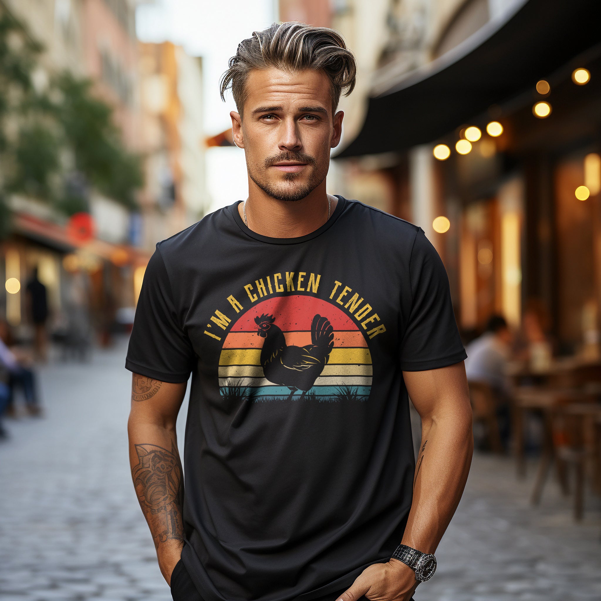 Front view of a male model wearing the I Am A Chicken Tender Funny Retro Sunset Men's Graphic T-Shirt in black. Male model standing in street with restaurants out of focus in the background.