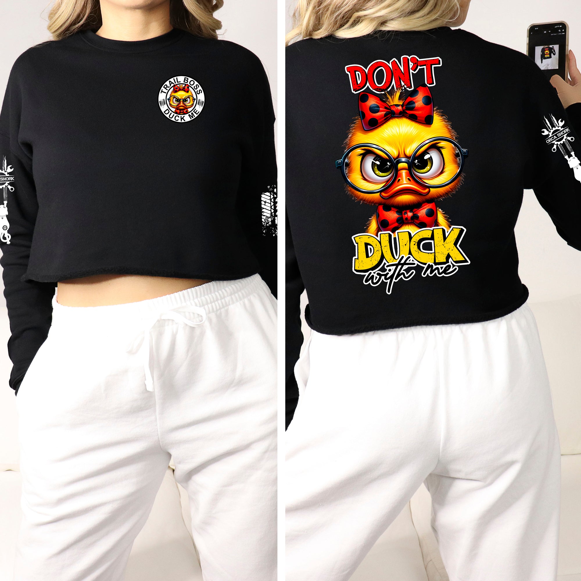 A female model wearing the black