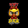 Close-up of the "Quackers McSass" back graphic, showing a yellow duck with glasses and a red polka dot bow, with the text "DON'T DUCK with me."