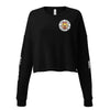 Front view of the women's black "Quackers McSass" cropped sweatshirt, showing the Trail Boss duck graphic on the left chest and designs on the sleeves.