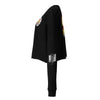 Side view of the women's black "Quackers McSass" cropped sweatshirt, highlighting the white tire track graphic on the left sleeve.